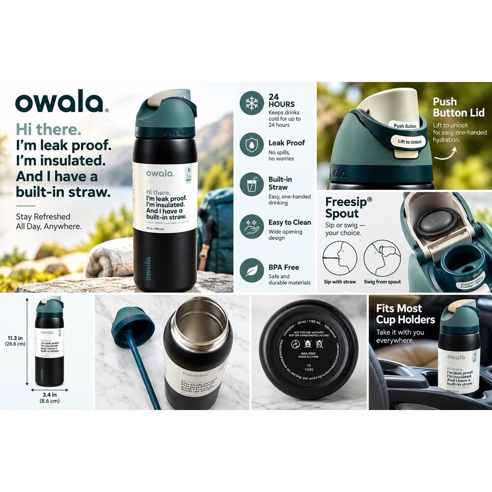 Owala FreeSip Stainless Steel Bottle / 40 Oz/Blue Steel